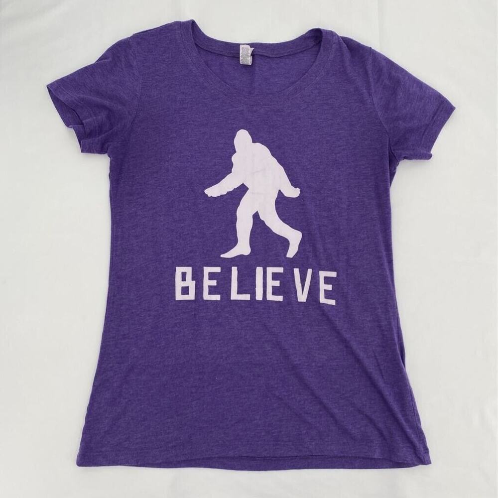 Bella Girls Graphic T-Shirt Purple White Heathered Bigfoot Belief Crew Neck L